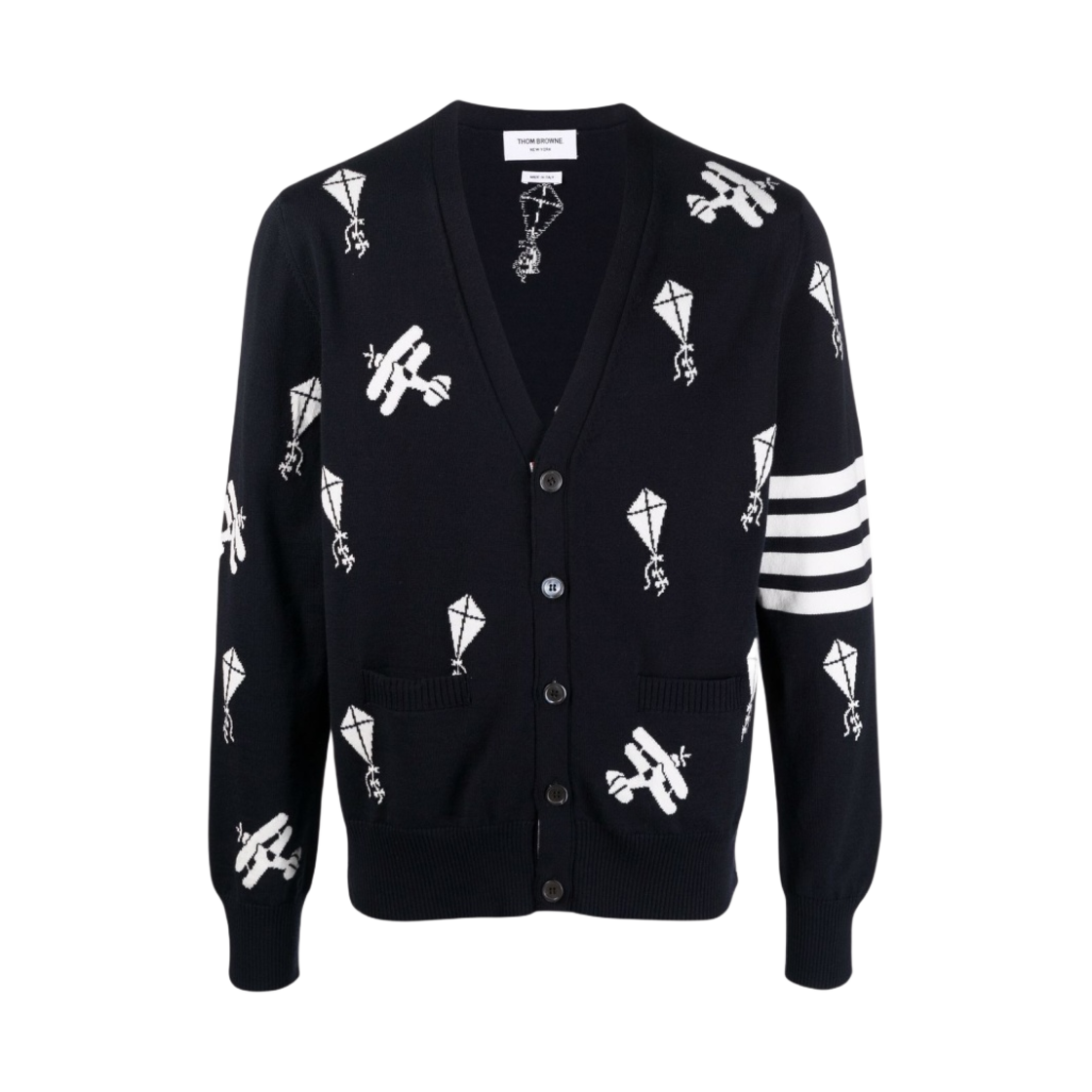 톰브라운 파인 메리노 울 하프 드롭 스카이 아이콘 사선 릴렉스 핏 가디건 네이비(Thom Browne Fine Merino Wool Half Drop Sky Icons 4-Bar Relaxed Fit Cardigan Navy) - 1