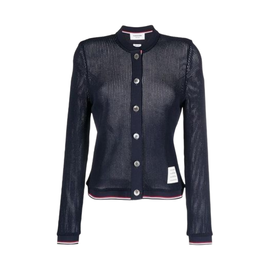 (W) 톰브라운 비스코스 메쉬 티핑 크루넥 가디건 네이비((W) Thom Browne Viscose Mesh Tipping Crewneck Cardigan Navy) - 1