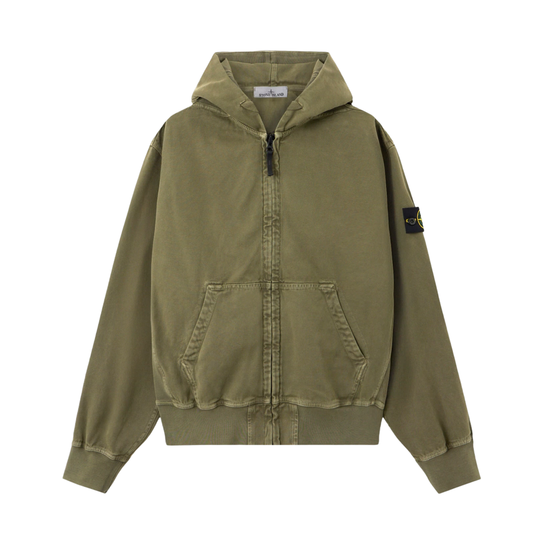 스톤 아일랜드 6100017 오가닉 파나마 코튼 올드 이펙트 오버사이즈 핏 후드 집업 스웨트셔츠 립드 인서트 밀리터리 그린 - 25FW(Stone Island 6100017 Organic Panama Cotton Old Effect Oversized Fit Hooded Zip Up Sweatshirt with Ribbed Inserts Military Green - 25FW) - 1