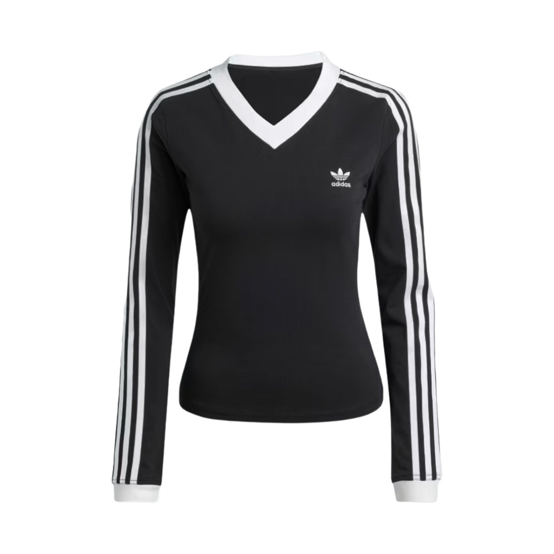 (W) 아디다스 브이넥 롱슬리브 티셔츠 블랙 - KR 사이즈((W) Adidas V-Neck Long Sleeve T-Shirt Black - KR Sizing)