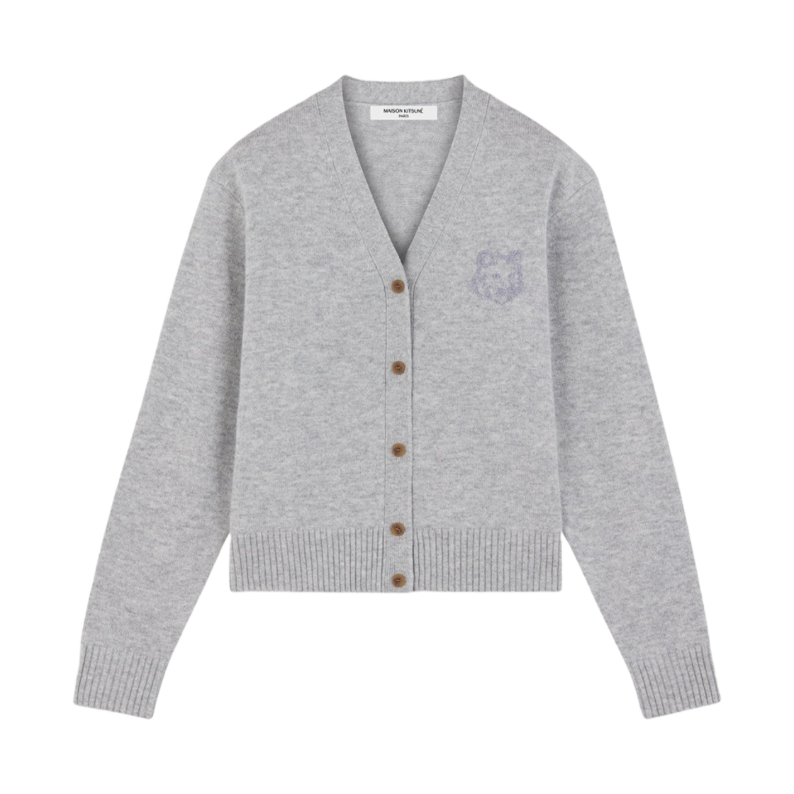 NW00510KT1112-H120 (W) Maison Kitsune Bold Fox Head Embroidered Cropped Cardigan Light Grey Melange