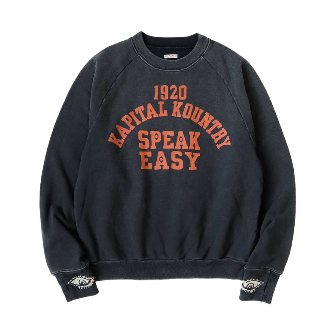 캐피탈 래글런 크루넥 플리스 스웨트셔츠 스피크이지 컬리지 Pt 블랙(Kapital Raglan Crewneck Fleece Sweatshirt Speakeasy College Pt Black)