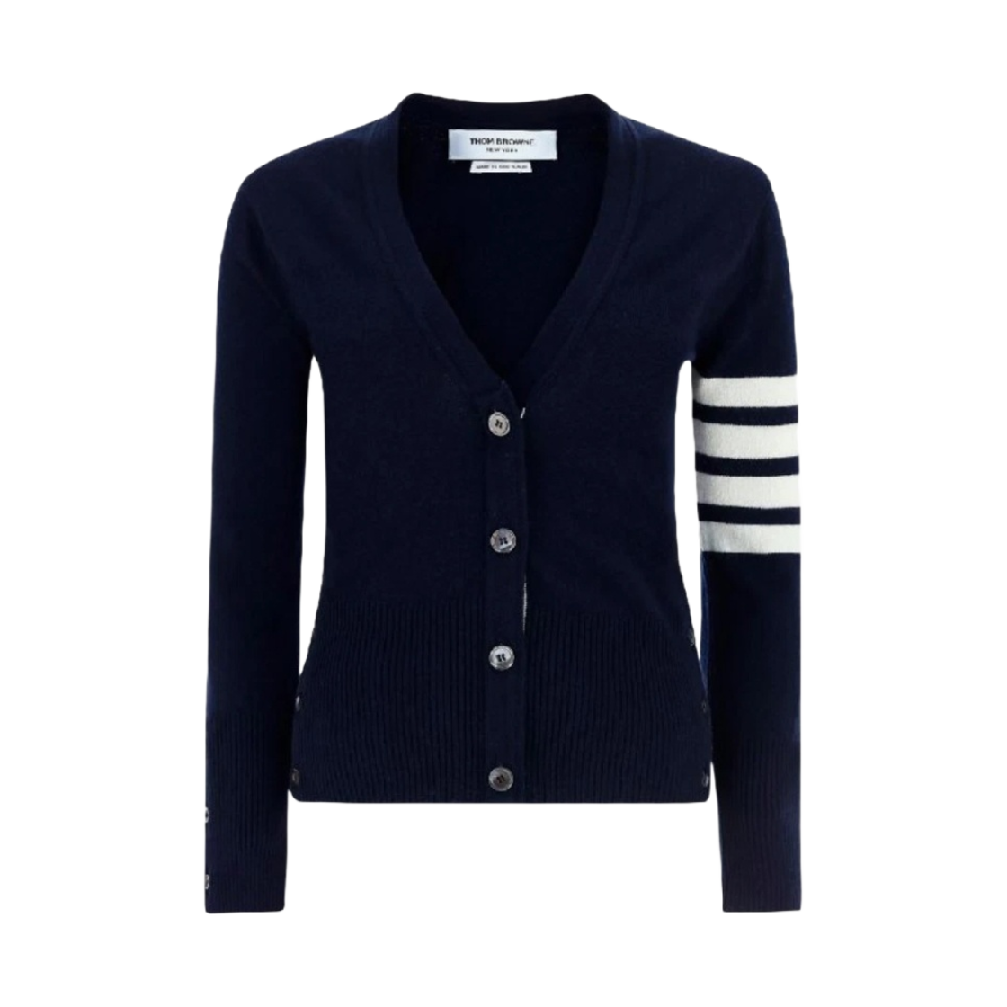 FKC001A-00011-415 (W) Thom Browne Cashmere 4-Bar V-Neck Cardigan Navy