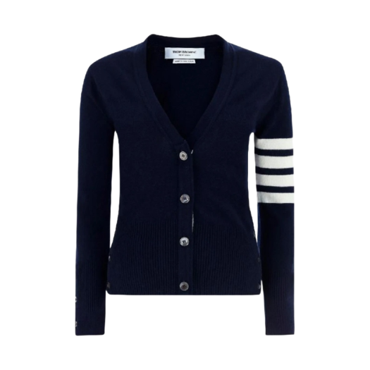 (W) Thom Browne Cashmere 4-Bar V-Neck Cardigan Navy