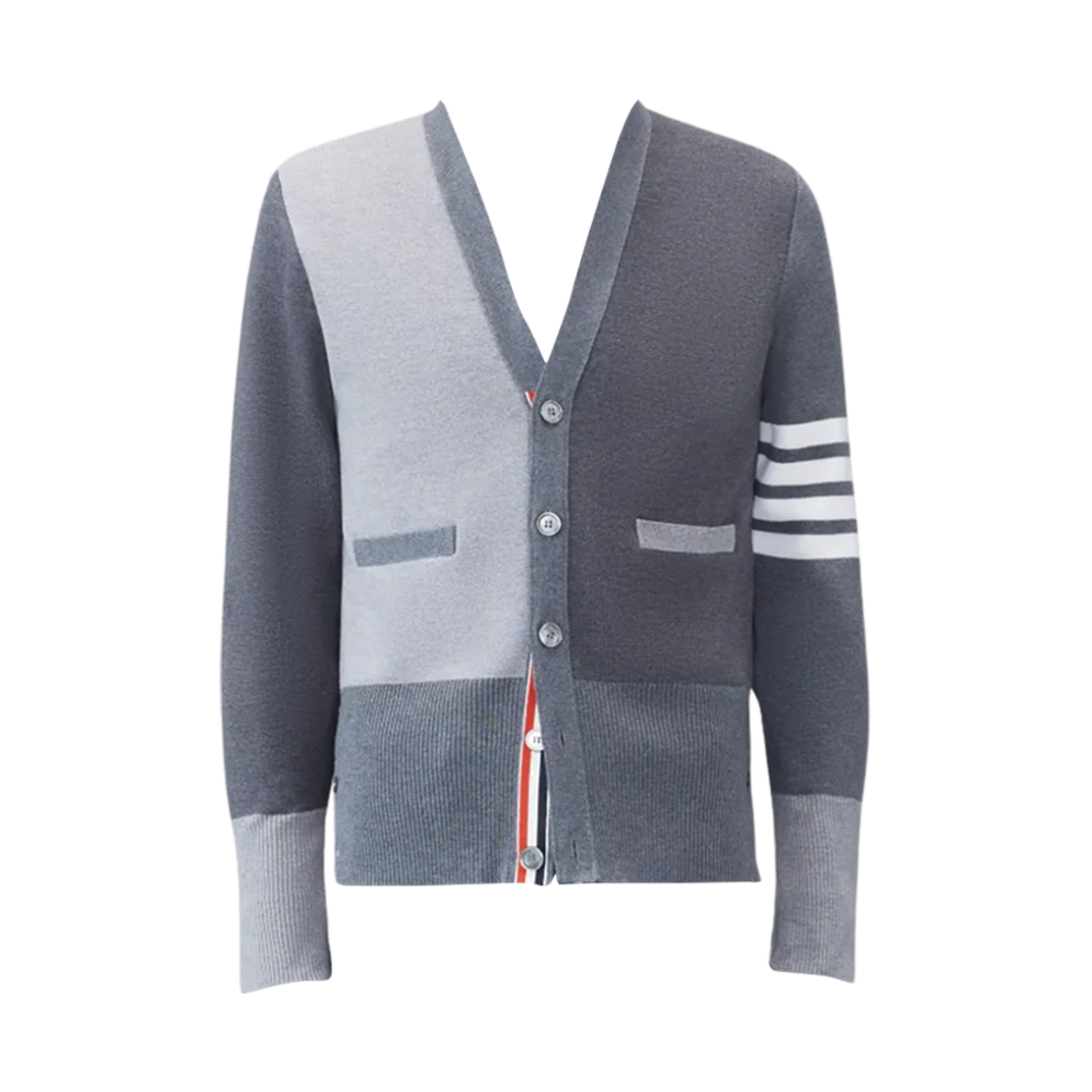 MKC160F-00014-982 Thom Browne Fun-Mix Milano Stitch Fine Merino Wool 4-Bar V-Neck Cardigan Tonal Grey