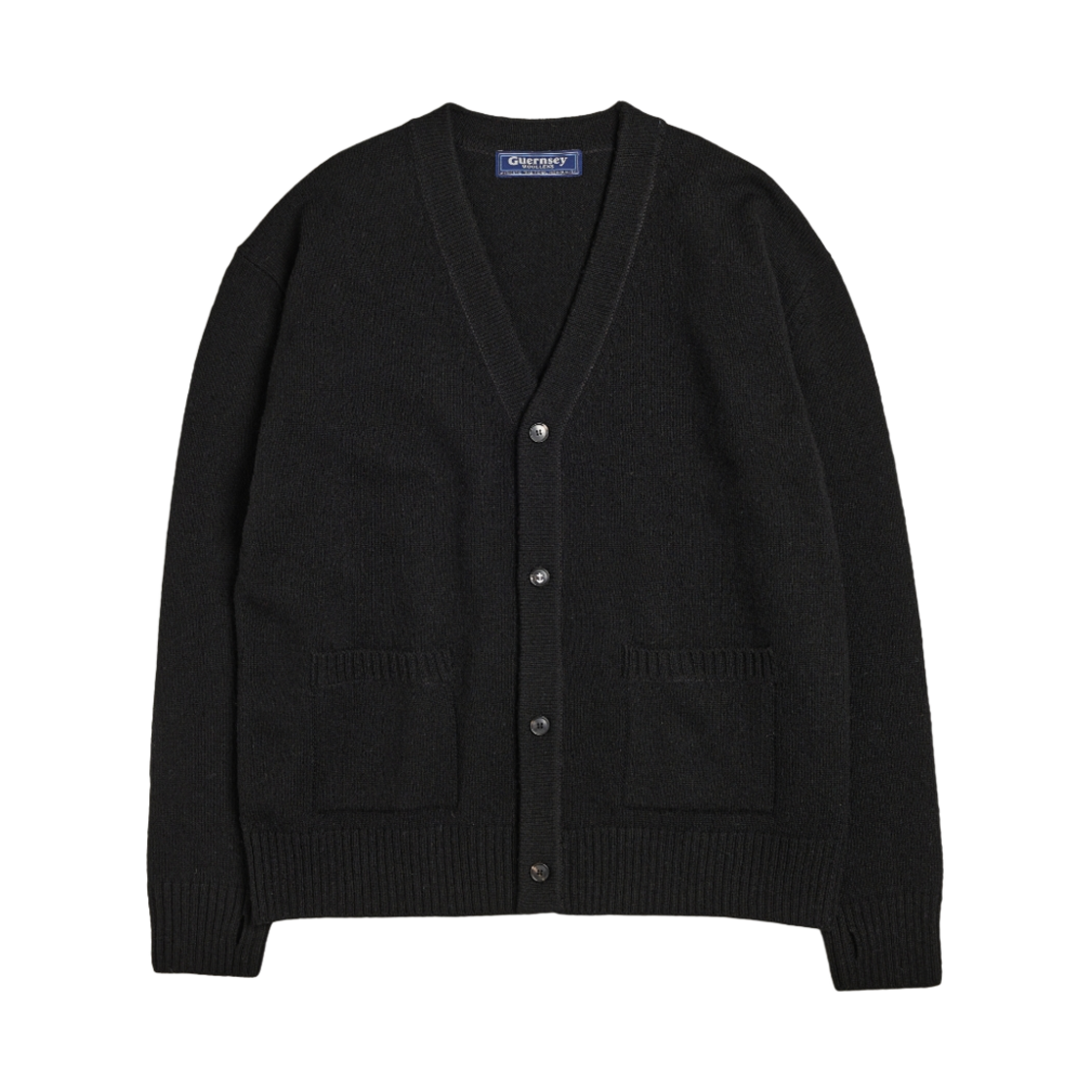 건지울른스 버튼 브이넥 울 가디건 블랙(Guernsey Woollens Button V-Neck Wool Cardigan Black)