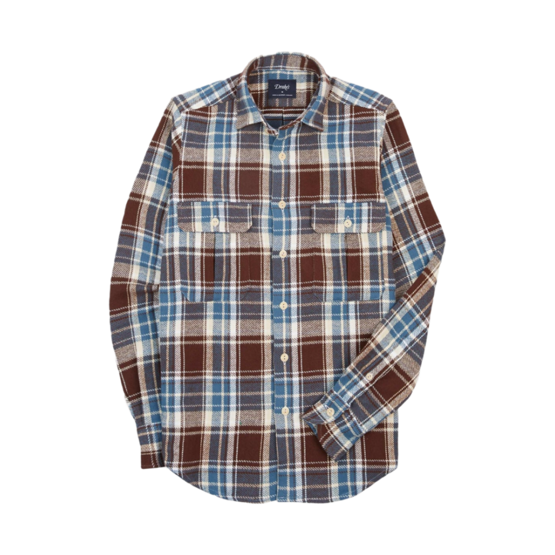 DR2A4D-24718-02-303 Drake's Check Heavy Cotton Two Pocket Work Shirt Blue