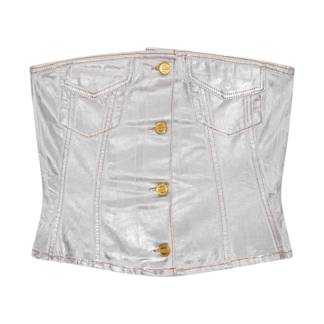 (W) 가니 실버 포일 데님 코르사주 브라이트 화이트((W) Ganni Silver Foil Denim Corsage Bright White) - 1
