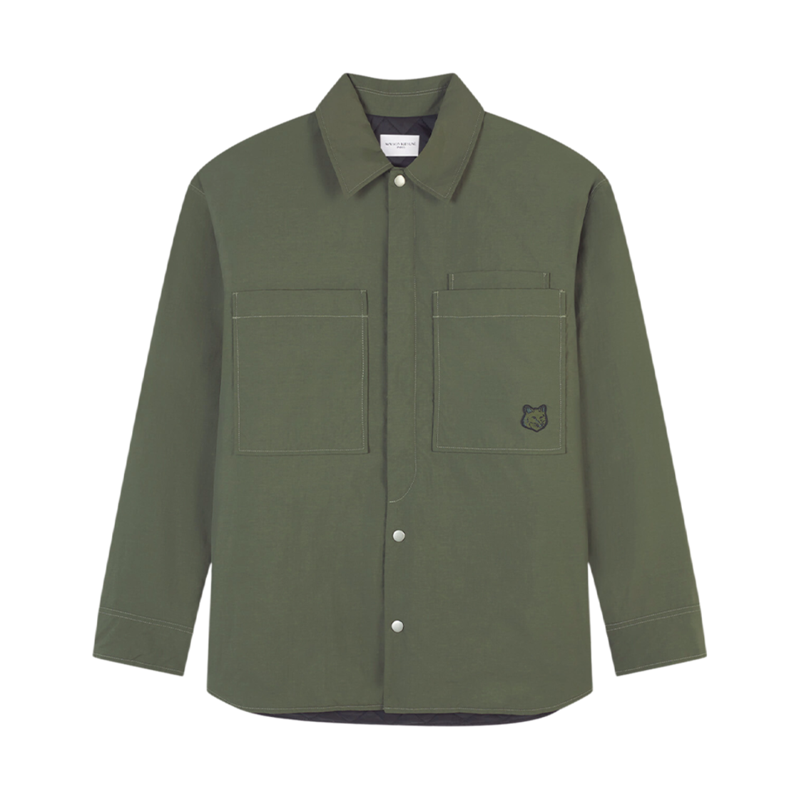 LM02113WQ4019-P384 Maison Kitsune Padded Overshirt In Crispy Nylon With Bold Fox Head Patch Military Green