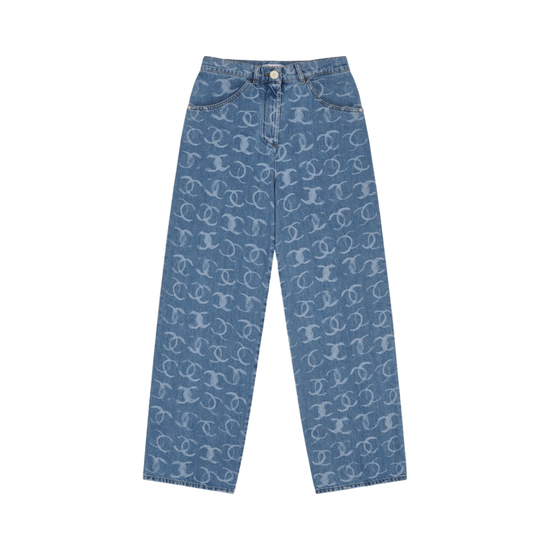 P75557-V67154-NQ358 (W) Chanel Jeans Printed Embroidered Denim Light Blue White