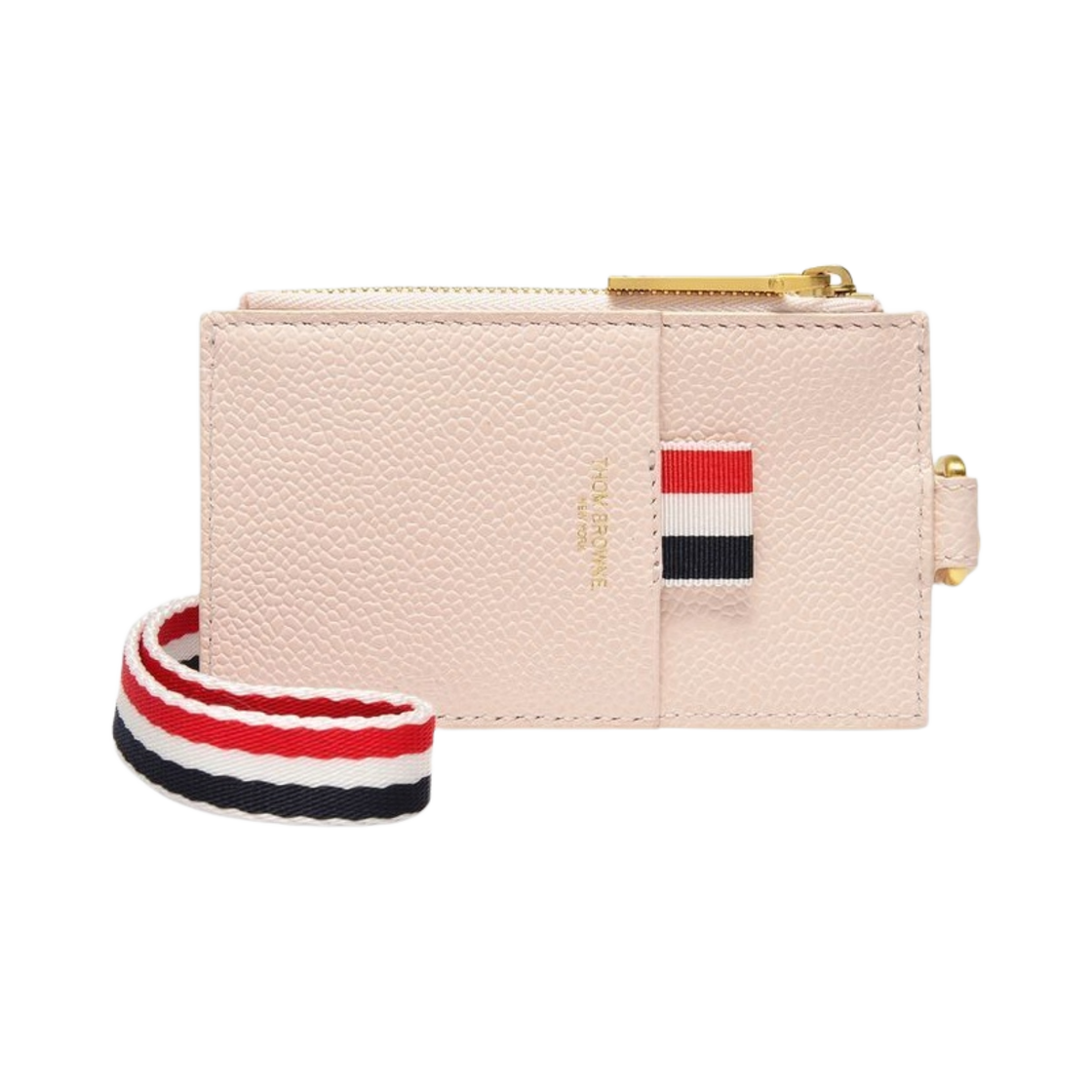 MAW318A-00198-680 Thom Browne Pebble Grain Leather 4-Bar Applique Laynard Zippered Card Wallet Pink