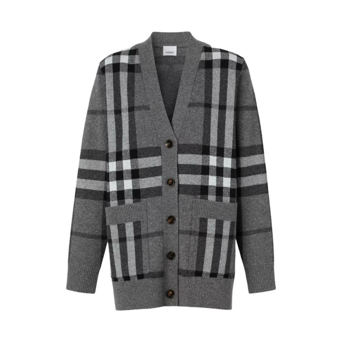 (W) 버버리 체크 울 캐시미어 자카드 오버사이즈 가디건 미드 그레이 멜란지((W) Burberry Check Wool Cashmere Jacquard Oversized Cardigan Mid Grey Melange) - 1