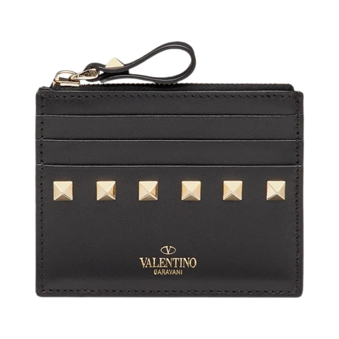 P0T35BOL0NO Valentino Rockstud Calfskin Card Holder with Zip Black