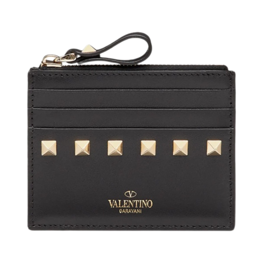 P0T35BOL0NO Valentino Rockstud Calfskin Card Holder with Zip Black