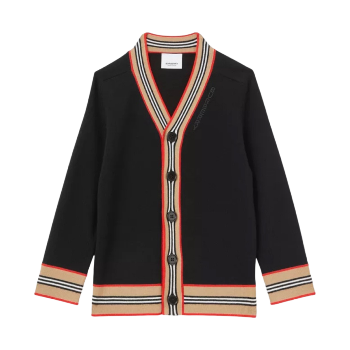 (키즈) 버버리 아이콘 스트라이프 트림 울 가디건 블랙((Kids) Burberry Icon Stripe Trim Wool Cardigan Black)