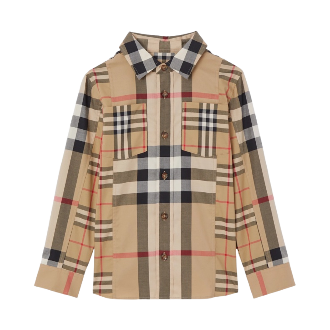 (키즈) 버버리 패치워크 체크 스트레치 코튼 셔츠 아카이브 베이지((Kids) Burberry Patchwork Check Stretch Cotton Shirt Archive Beige) - 1