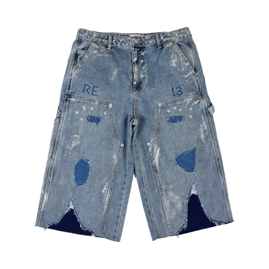 25-B004 Denim Resurrection13 Painted Detail Double Knee Denim Shorts Denim