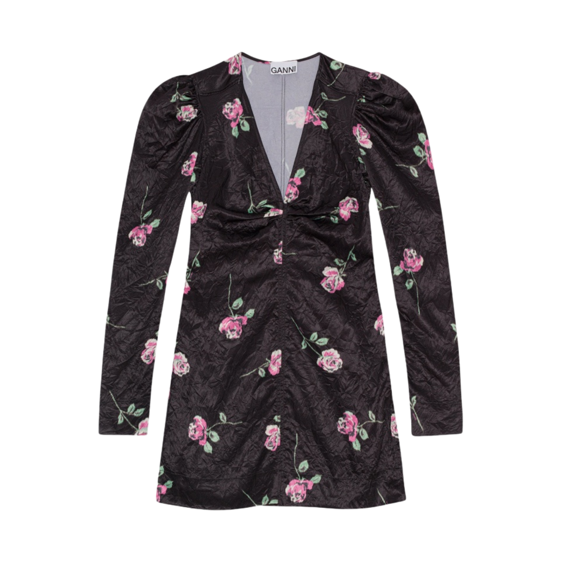 (W) 가니 크링클 사틴 브이넥 미니 드레스 블랙((W) Ganni Crinkled Satin V neck Mini Dress Black) - 1
