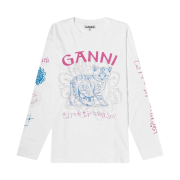 (W) Ganni Relaxed Cat Long Sleeve T-Shirt Bright White