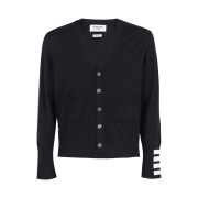Thom Browne Fine Merino Wool 4-Bar Cuff V-Neck Cardigan Navy
