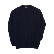 Drake's Brushed Shetland Cable Knit Crew Neck Jumper Navy