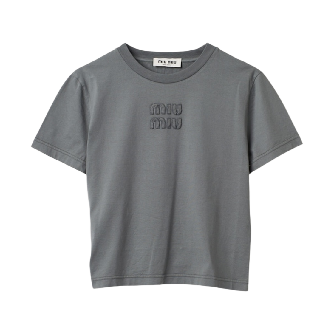 (W) 미우 미우 가먼트 다이드 저지 티셔츠 자수 로고 아이언 그레이
