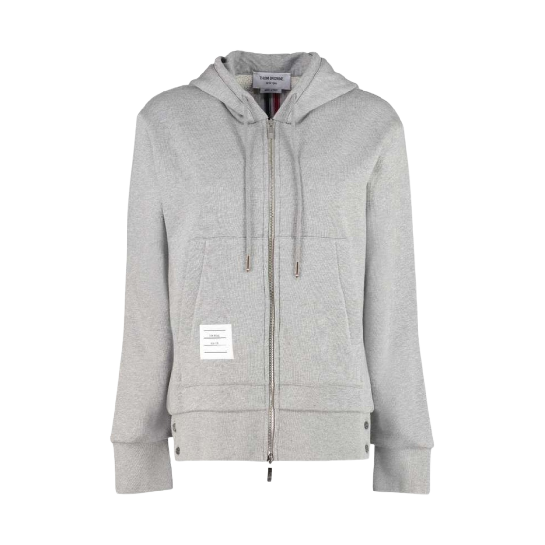 FJT051A-03377-055 (W) Thom Browne Classic Loopback Cotton Center Back Stripe Zip-Up Hoodie Light Grey