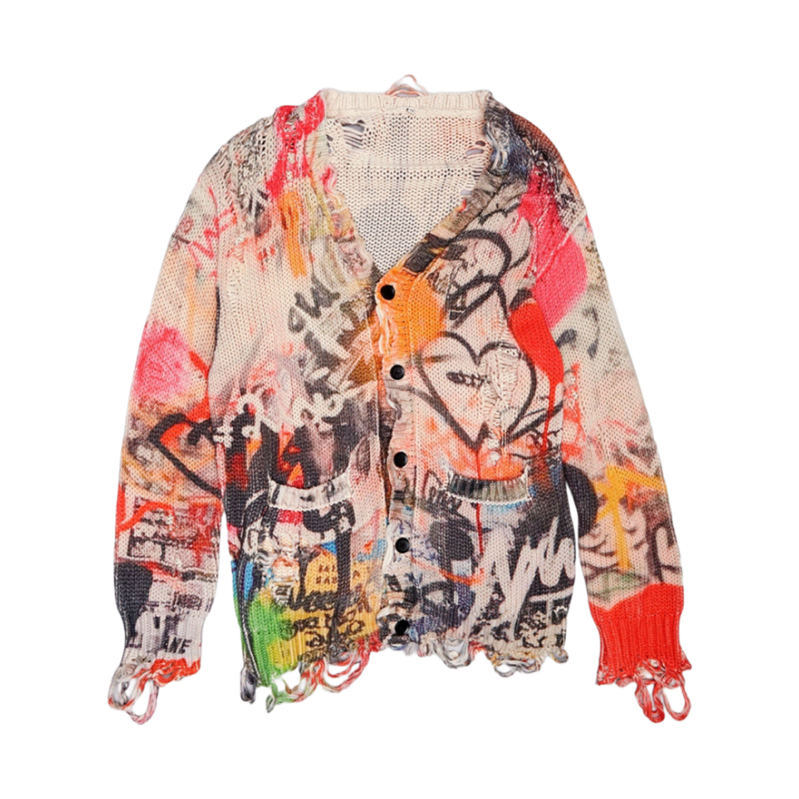 R13WY237-Y168A (W) R13 Printed Boyfriend Cardigan Heart Graffiti Print