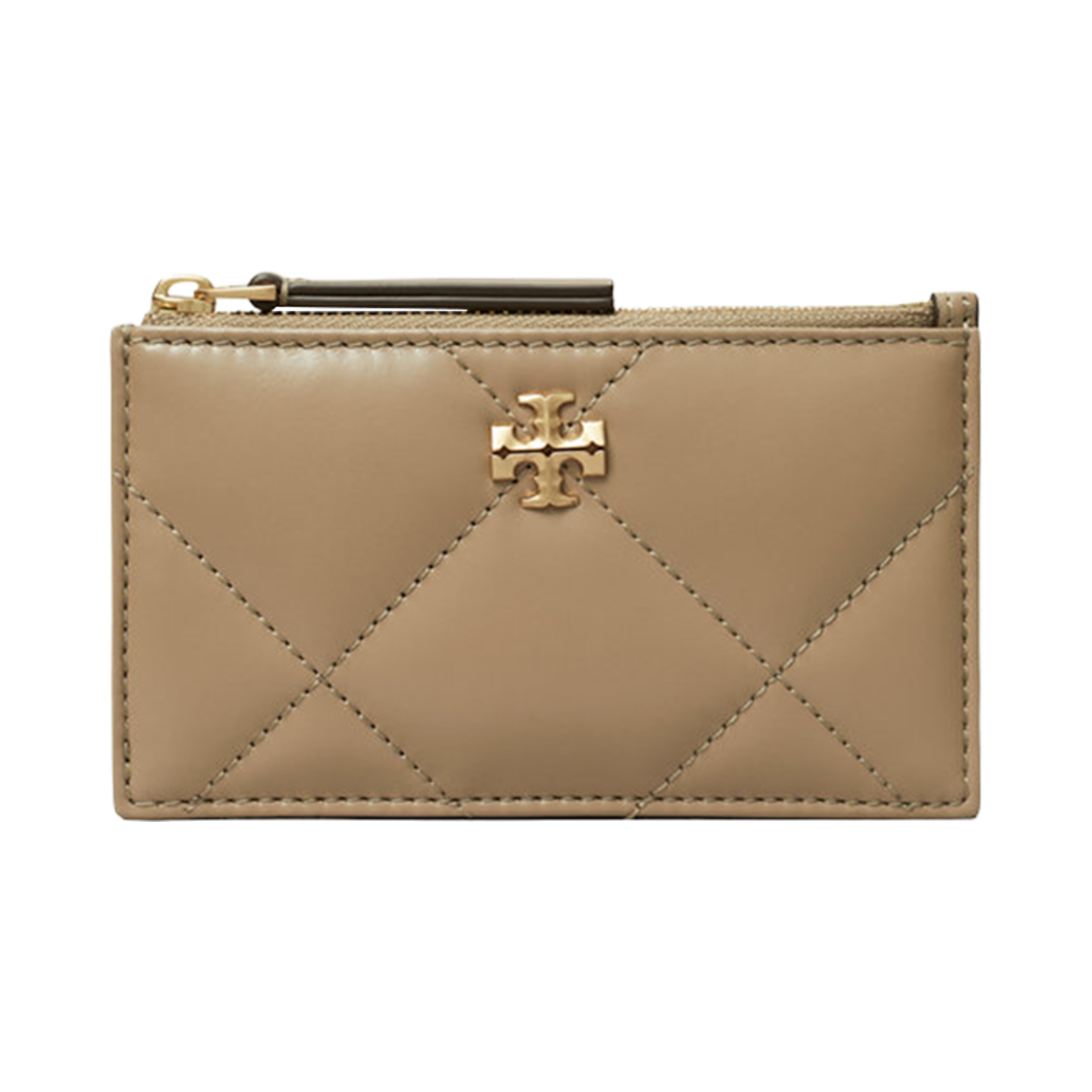 158629-250 Tory Burch Kira Diamond Quilt Zip Card Case Taupe Oak