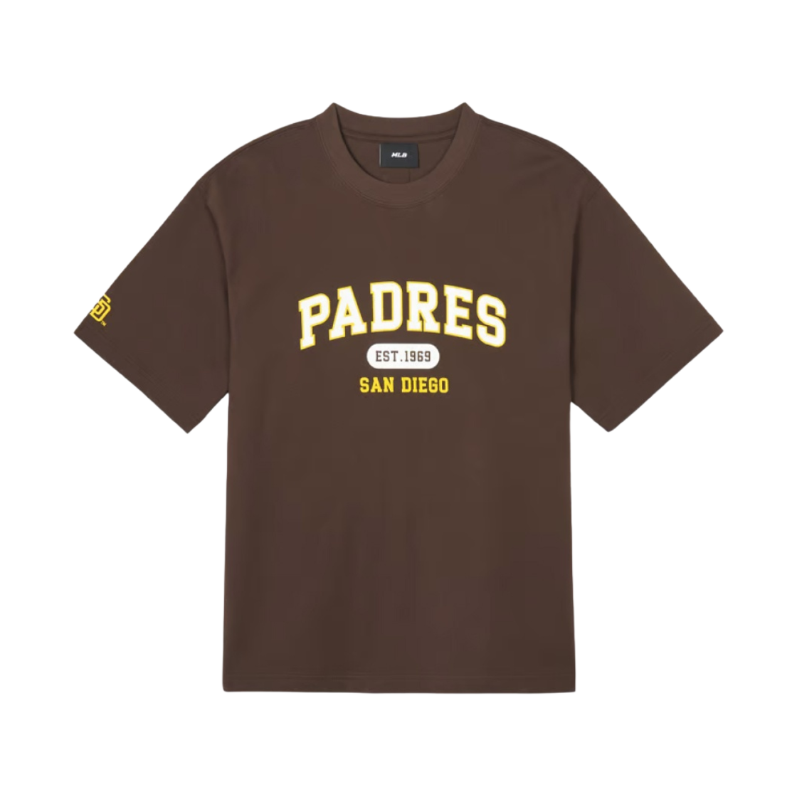 3ATSV0243-13BRD MLB Seoul Series Varsity Over Fit Short Sleeve T-Shirt San Diego Padres Dark Brown