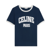 (W) Celine Paris 70's T-Shirt in Cotton Jersey Navy Off White