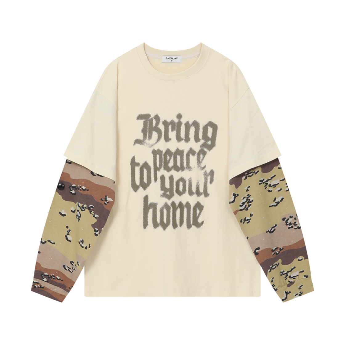 BT24FW-UCBG3 BAUF Peace Home Layered LS T-Shirt Camo Beige