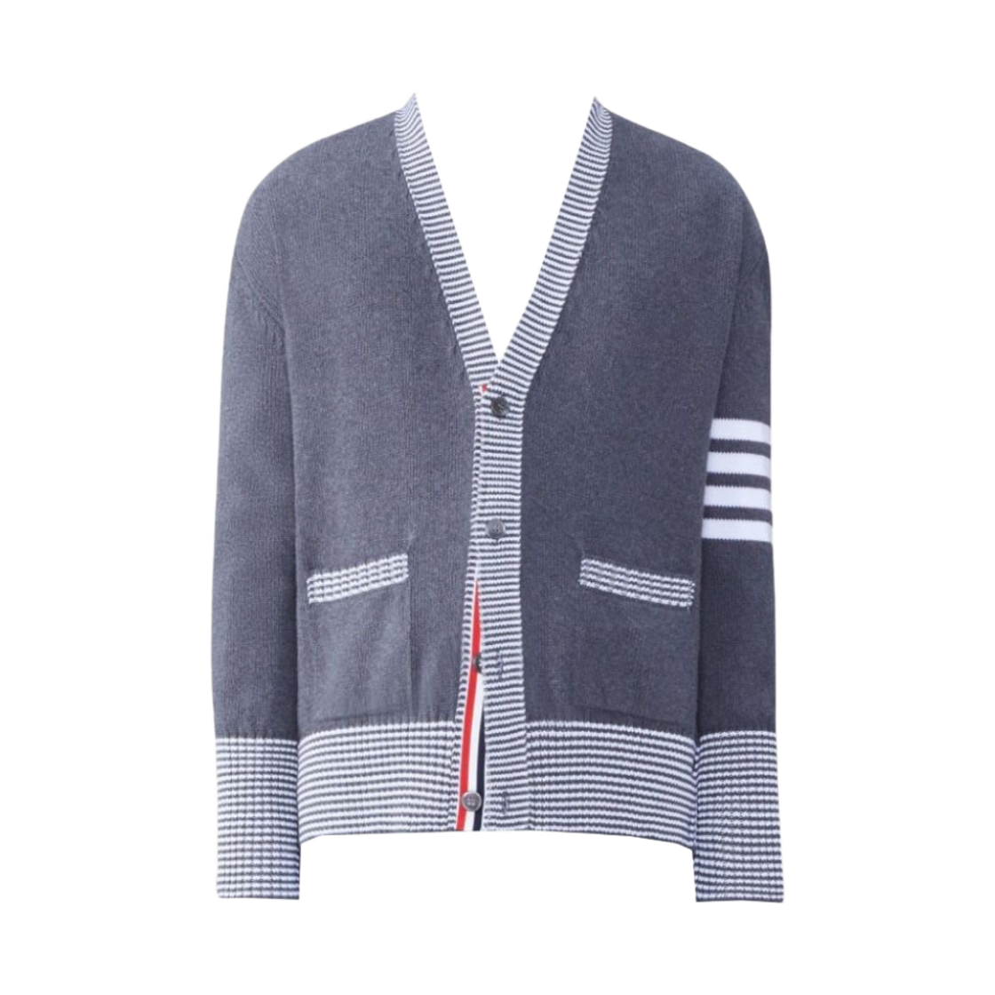 MKC518A-Y3017-035 Thom Browne Cotton 4-Bar V-Neck Hector Cardigan Medium Grey