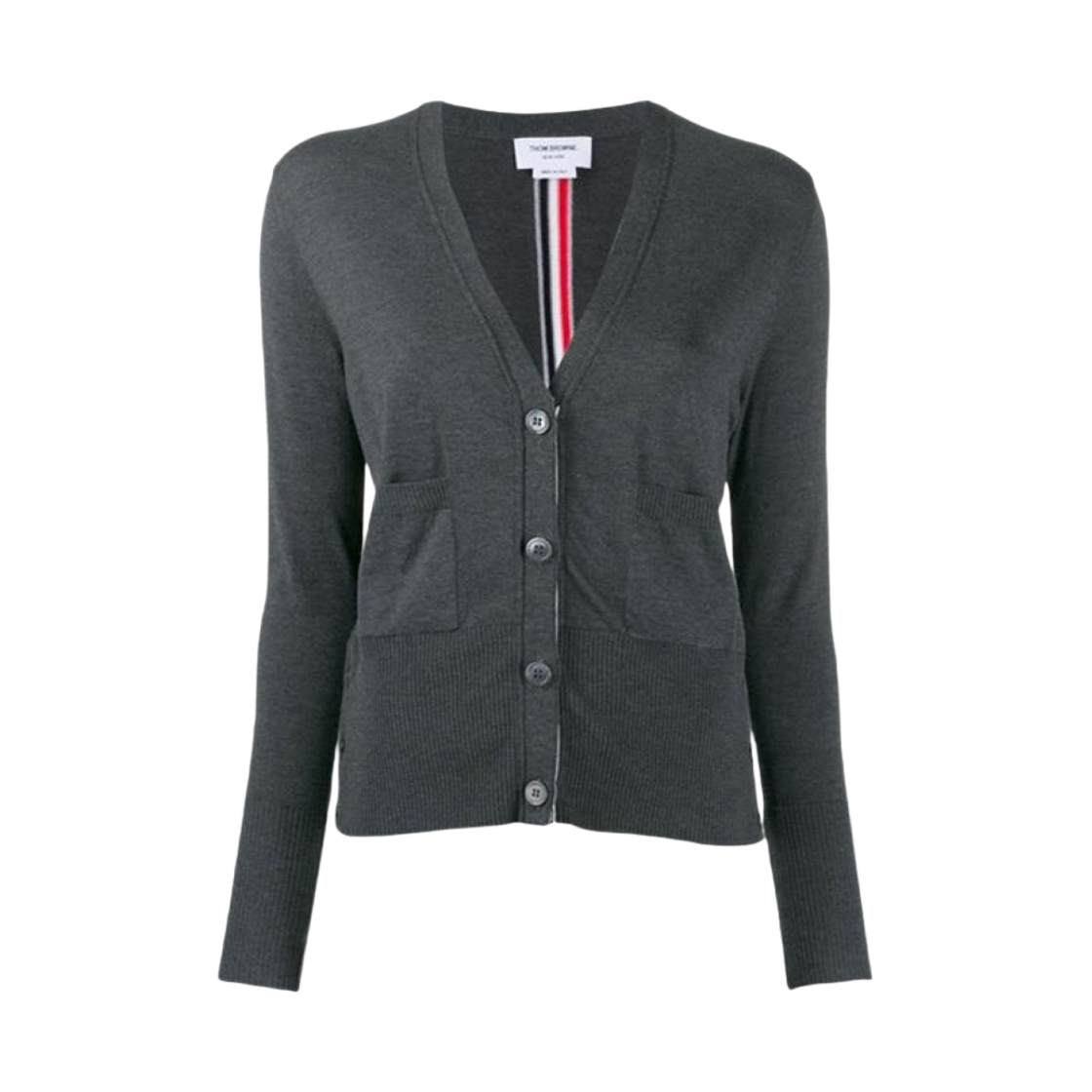 (W) 톰브라운 실크 코튼 블렌드 릴렉스 브이넥 가디건 다크 그레이