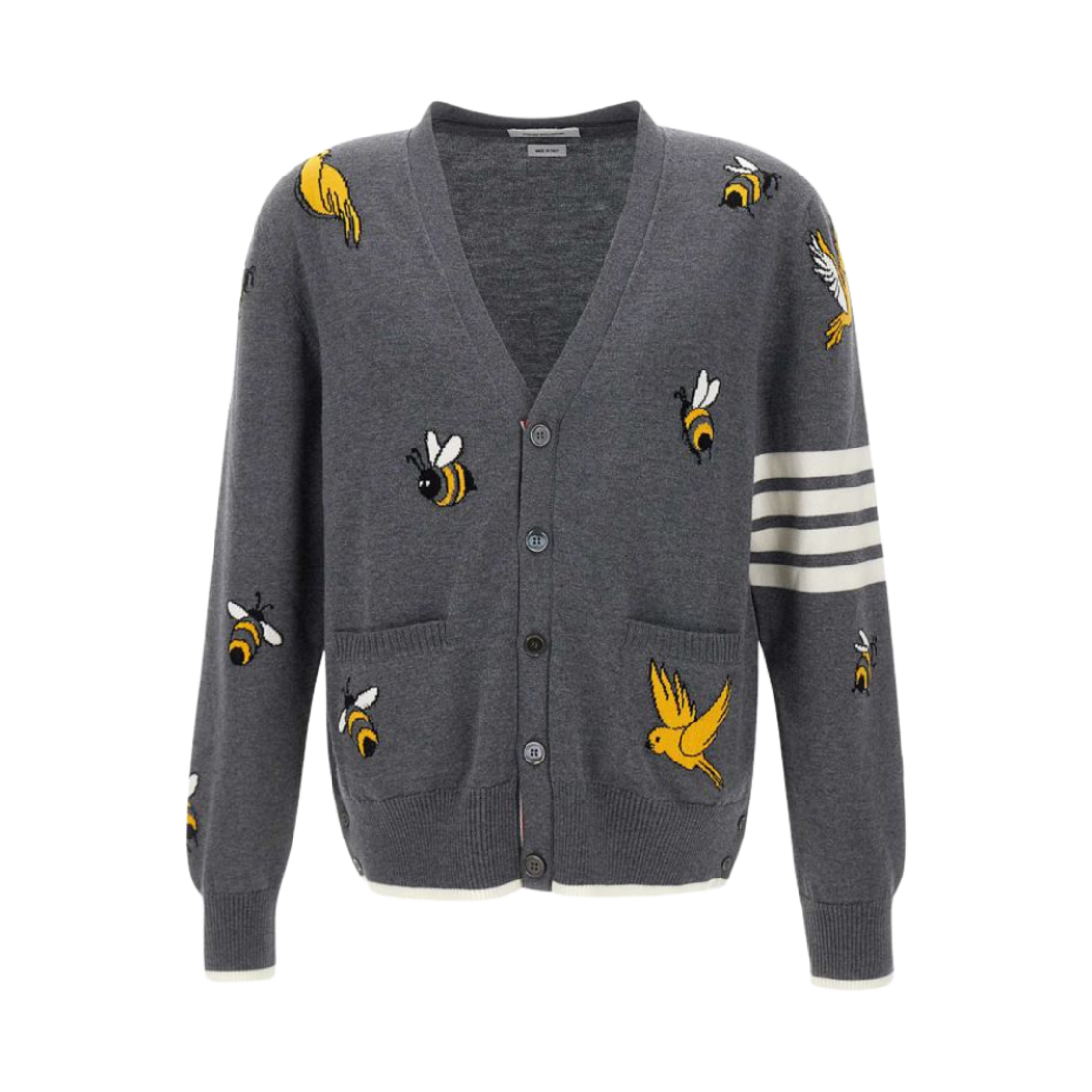 톰브라운 코튼 메리노 버드 & 비 사선 브이넥 가디건 미디움 그레이(Thom Browne Cotton Merino Birds & Bees 4-Bar V-Neck Cardigan Medium Grey) - 1