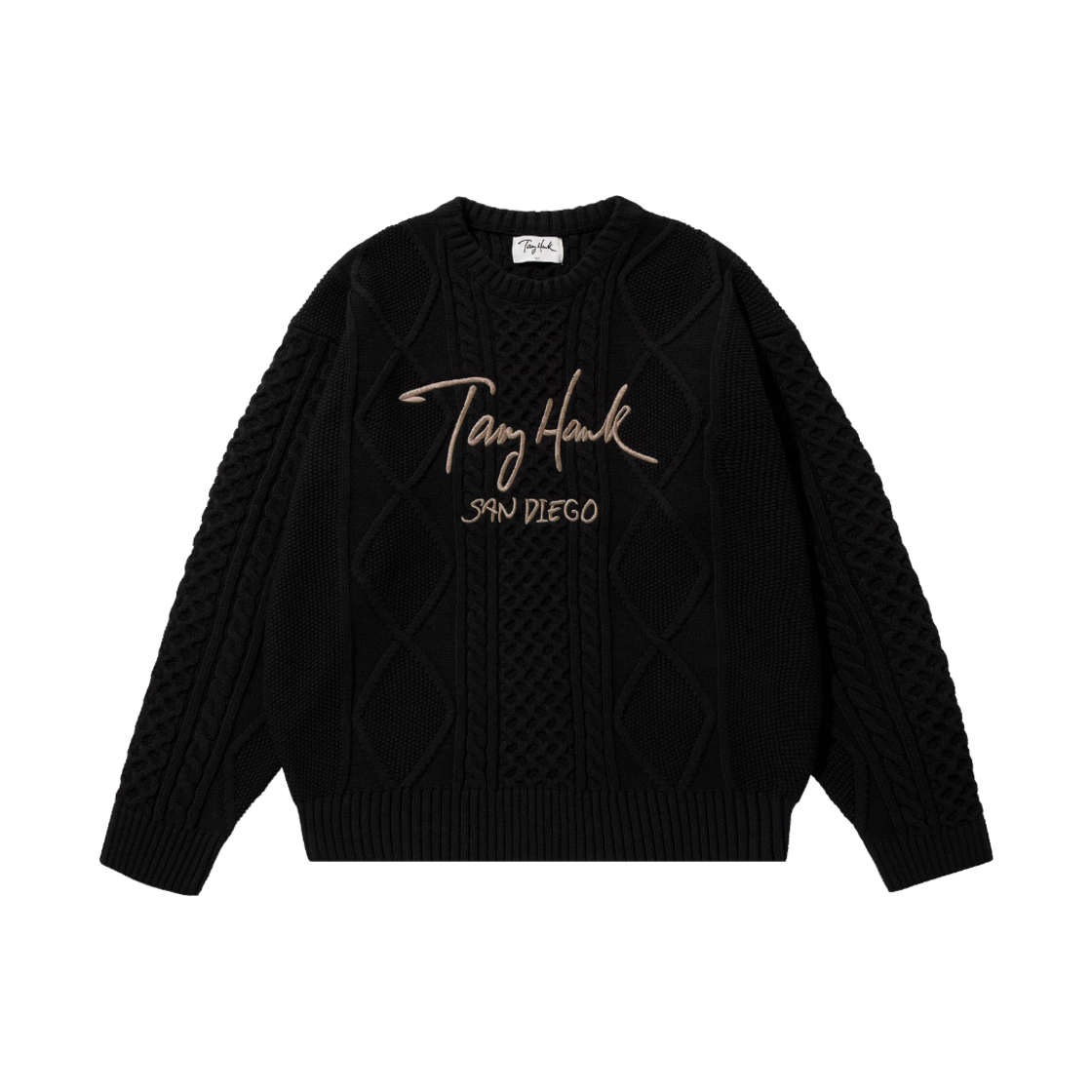 토니호크 사인 로고 케이블 니트 풀오버 블랙