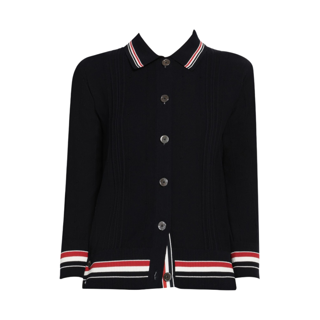 FKC460A-Y3010-415 (W) Thom Browne High Twist Cotton Cricket Stripe Polo Cardigan Navy