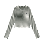 LAZYZ Label U-Neck Stripe Crop Cardigan Ivory/Charcoal