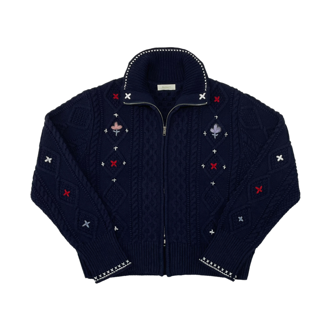 루바티 알프스 꽃자수 핸드스티치 니트 집업 가디건 네이비(Rubati Alps Knit Zip-up Cardigan Flower Stitched by Hand Navy)