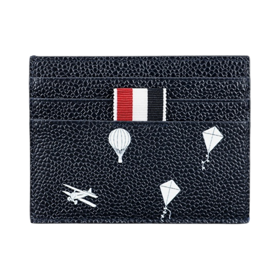 MAW031L-07915-415 Thom Browne 3D Print On Pebble Grain Leather Stripe Note Compartment in Sky Icons Half Drop Card Holder Navy