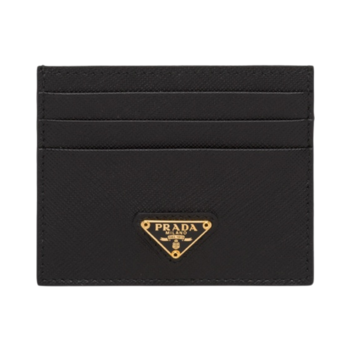프라다 사피아노 레더 트라이앵글 로고 카드 지갑 블랙 골드(Prada Saffiano Leather Triangle Logo Card Holder Black Gold)