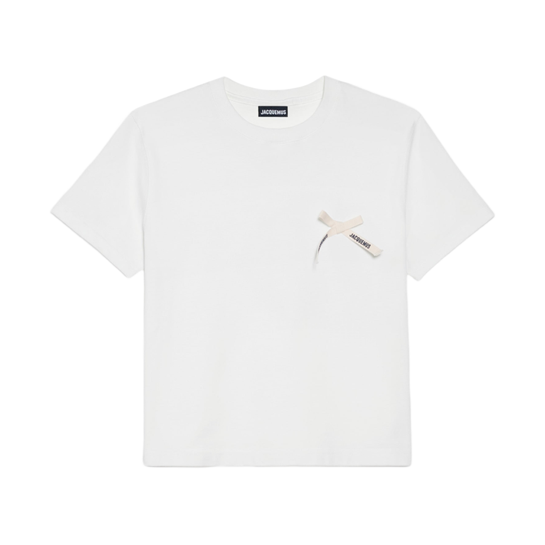 (W) 자크뮈스 르 티셔츠 노드 그로그랭 로고 크롭 티셔츠 화이트((W) Jacquemus Le T-Shirt Noeud Grosgrain Logo Cropped T-Shirt White)