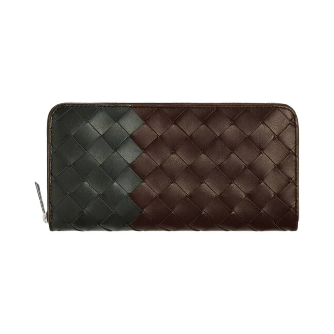 보테가 베네타 인트레치아토 지퍼 어라운드 지갑 라이트 브라운 다크 그린(Bottega Veneta Intrecciato Zip Around Wallet Light Brown Dark Green) - 1