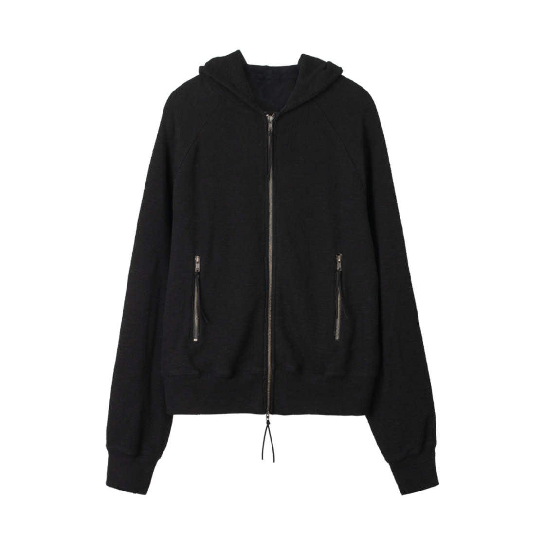 25EP04HD05BK Gatherlazy Raglan Crop Waffle Hood Zip-Up Black