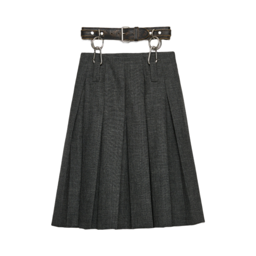 (W) Prada Pleated Rush Stitch Skirt with Belt Slate Gray