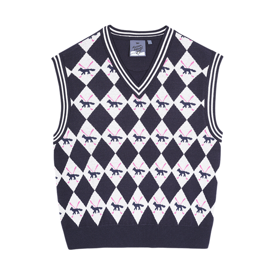 (W) 메종 키츠네 프로파일 폭스 아가일 베스트 다크 네이비((W) Maison Kitsune Profile Fox Argyle Vest Dark Navy) - 1
