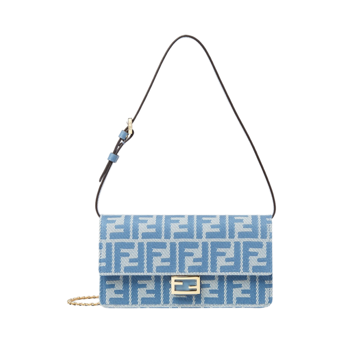 8M0498AUNJF1SKL Fendi Baguette FF Jacquard Denim Chain Wallet Blue