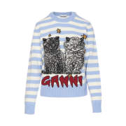 (W) Ganni Striped Graphic Cat Jumper Illusion Blue