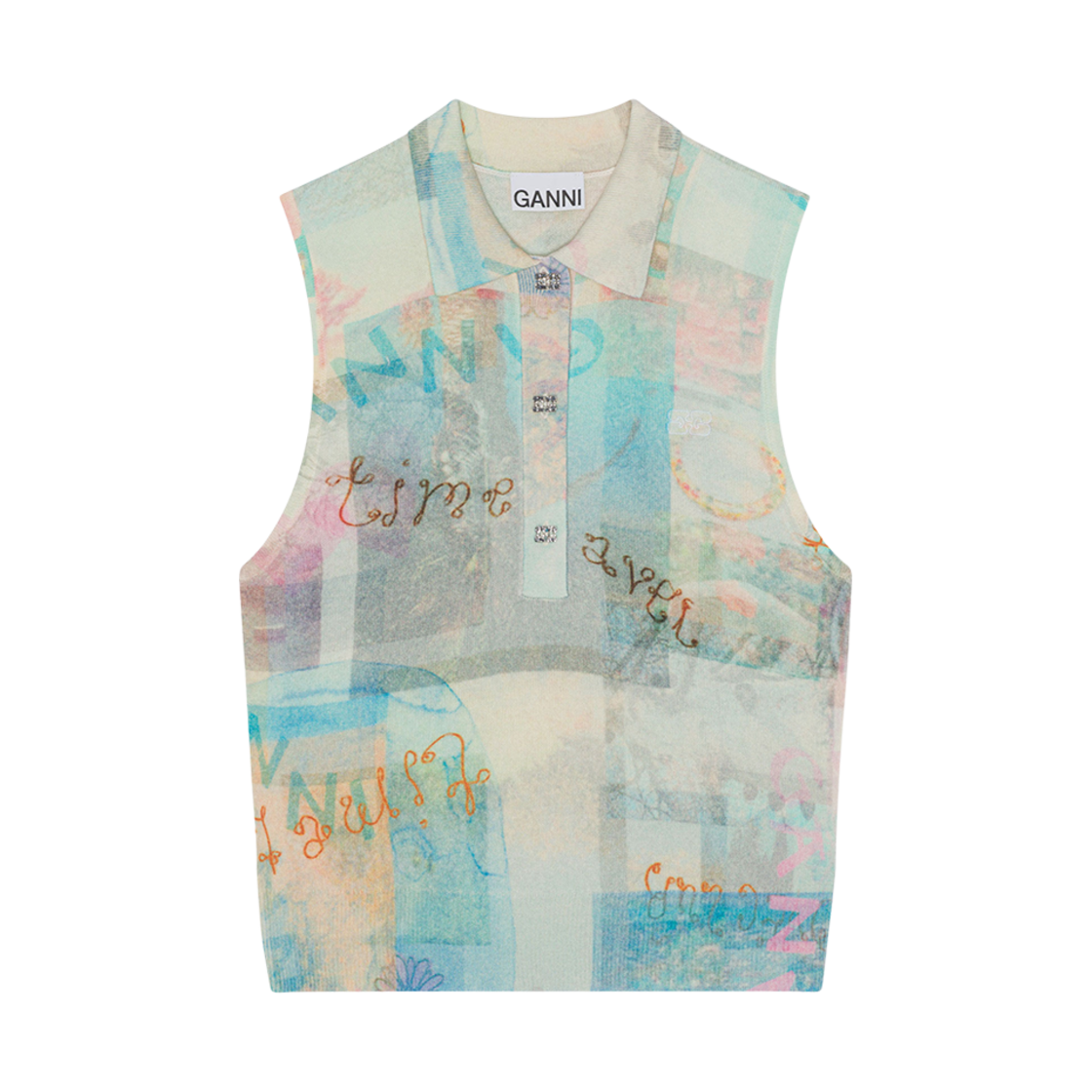 K1945-135 (W) Ganni Printed Cashmere Sleeveless Polo Egret