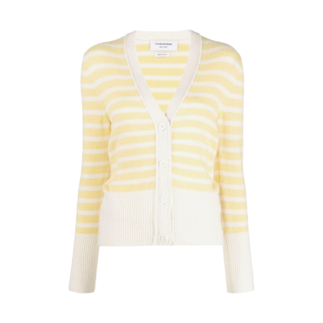 (W) 톰브라운 헤어리 실크 캐시미어 스트라이프 저지 브이넥 가디건 옐로우((W) Thom Browne Hairy Silk Cashmere Stripe Jersey V-Neck Cardigan Yellow) - 1